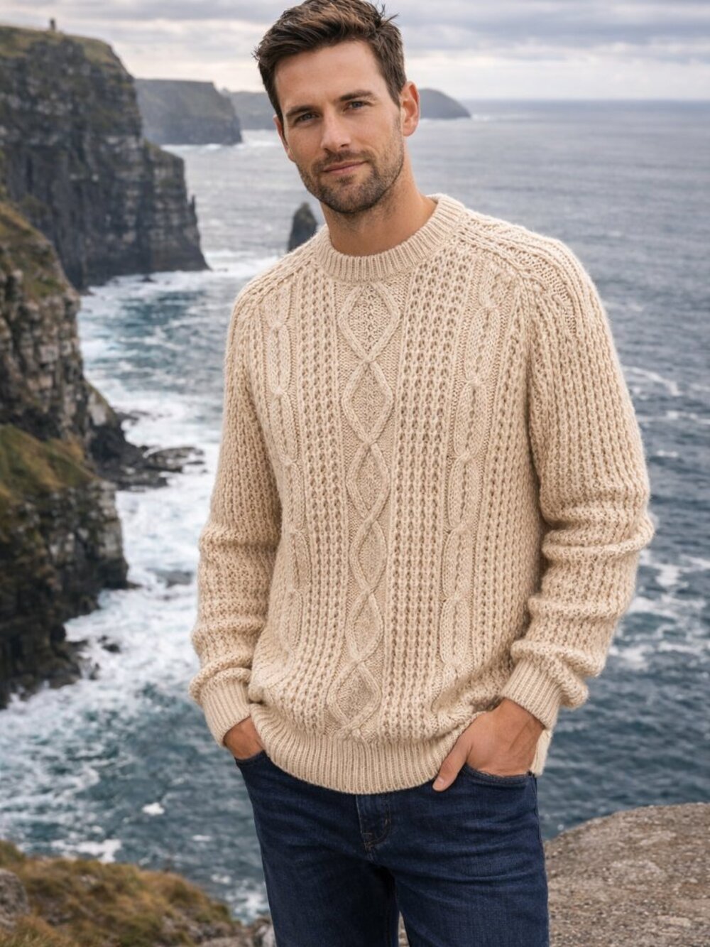 Gaeltarra Hand Crafted Ireland‎ Mens 100% Pure Wool Aran Cable Knit Sweater 42